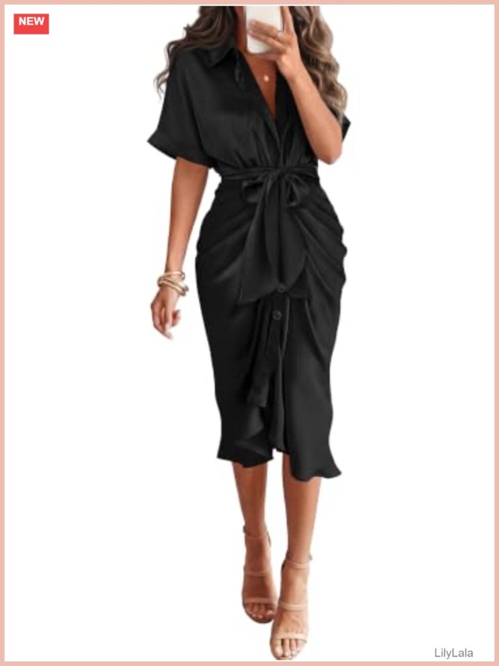 Satin Maxi Dress Button Down Tie Waist Business Casual Shirt Dress